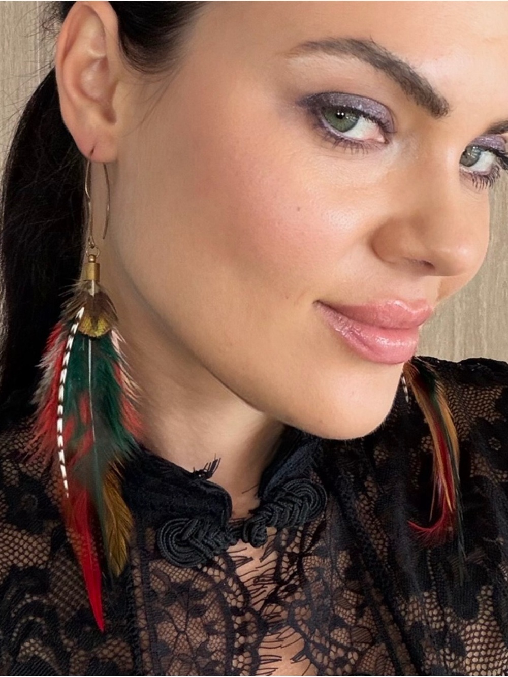Handmade Colorful Feather Drop Earrings - Green & Red